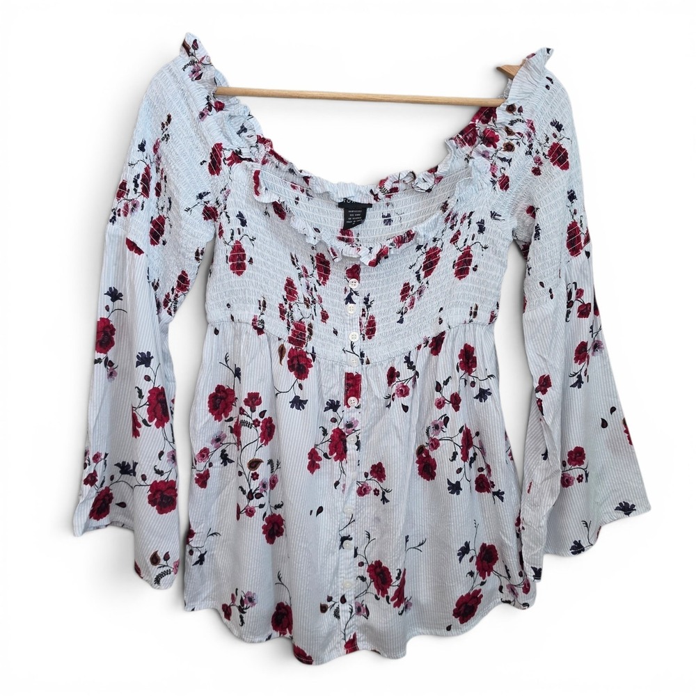 Torrid Top Womens 0 US Large Blue Smocked Off The Shoulder Floral Print Blouse